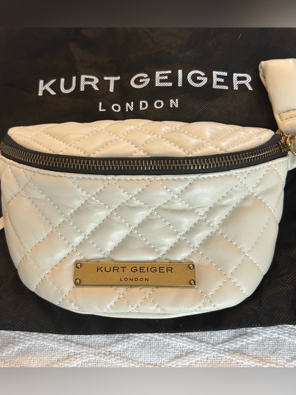 Kurt Geiger Cream Quilted Mini Belt Bag with Gold Plate